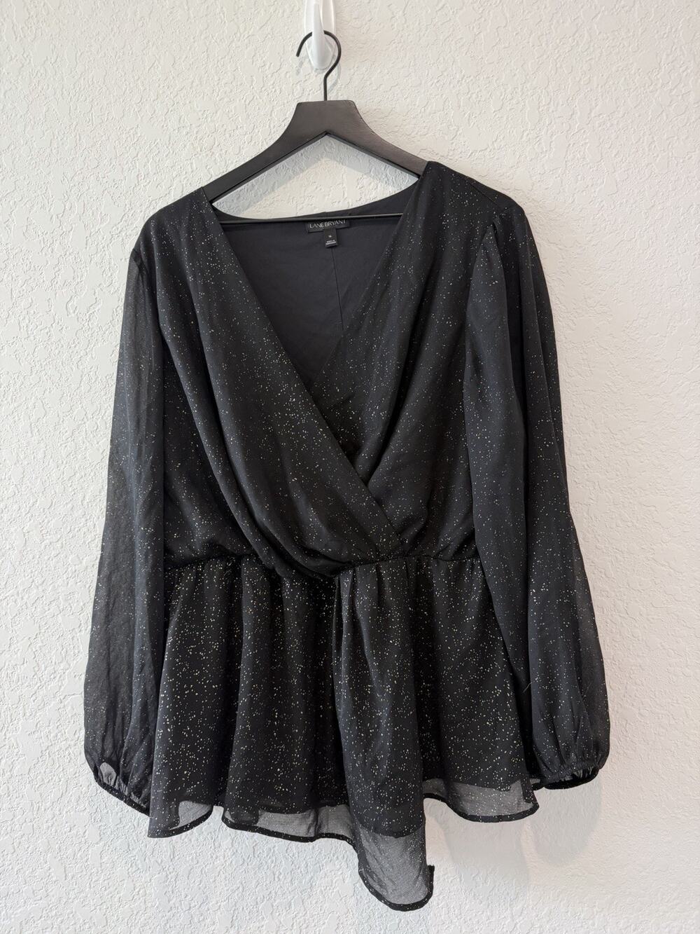 Lane Bryant Black Gold Shimmer Wrap Top Sheer Sleeves Women’s Plus Size 16